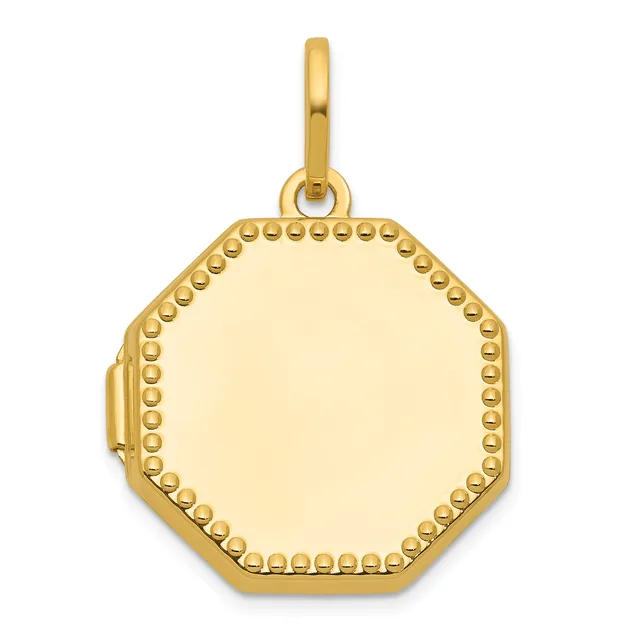 Gold octagonal locket pendant with beaded border detail and a polished center surface, shown hanging from a bale.
