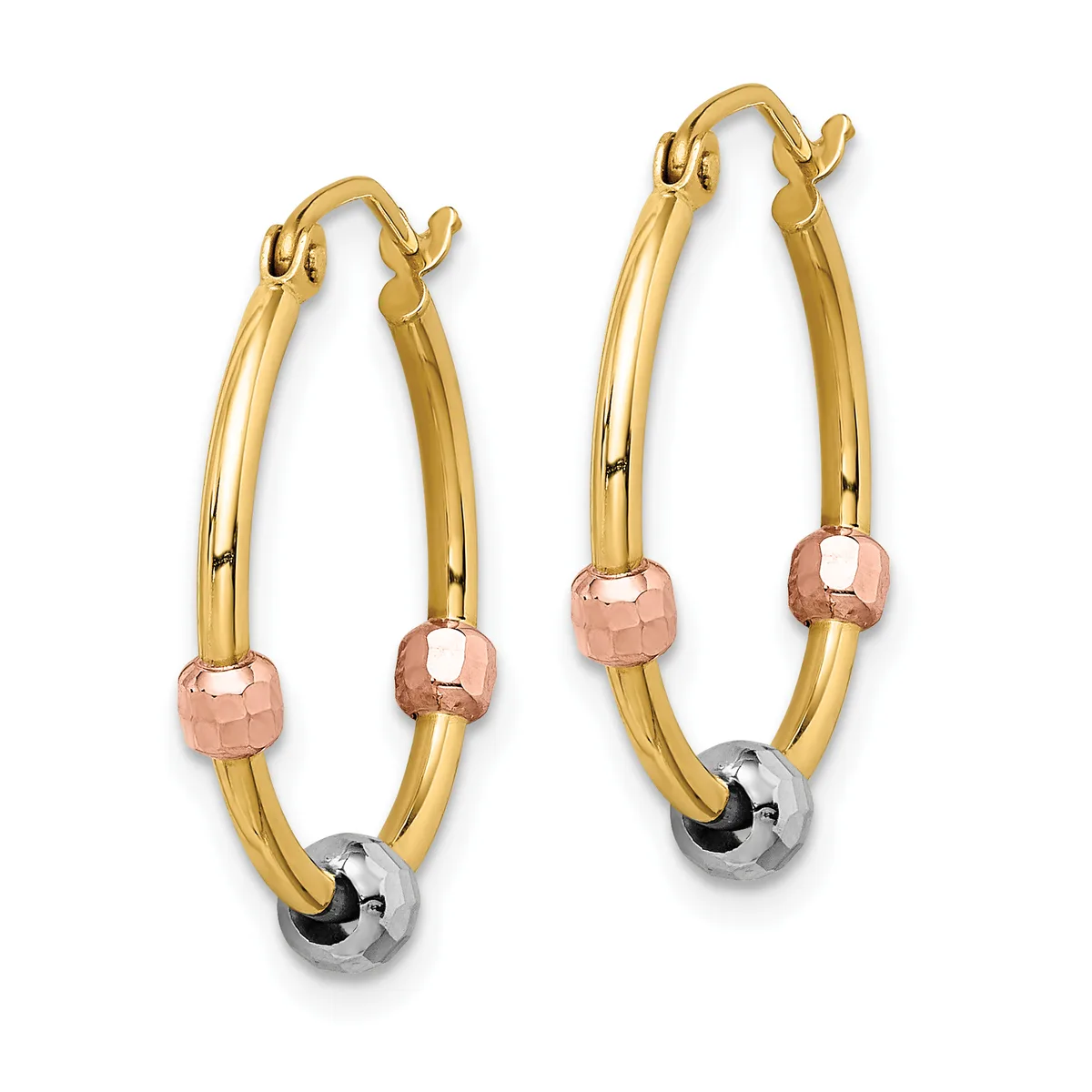 A pair of gold hoop earrings with rose gold and silver beaded accents, displayed against a white background.