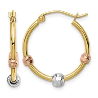 Pair of gold hoop earrings with rose gold and silver-tone faceted bead accents, shown front and side view.