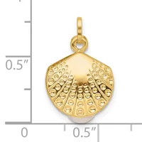 Gold-toned shell-shaped pendant with textured ridged surface and a small loop at the top, shown next to a measurement scale indicating approximately half an inch in height.