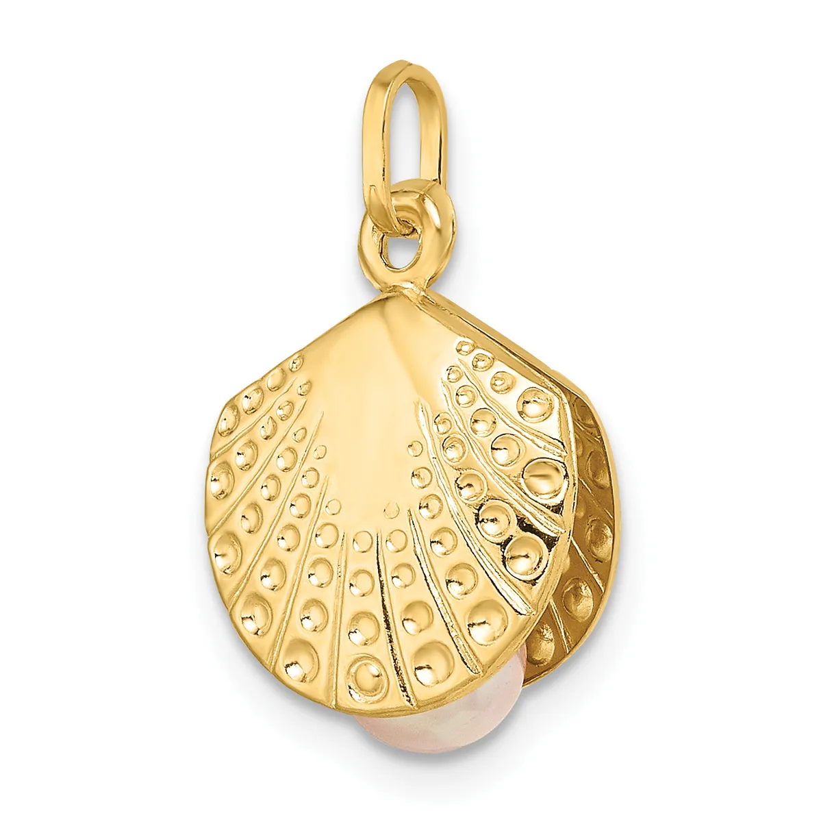 Gold shell-shaped pendant with textured dimpled surface and a pearl or cream-colored stone set at the base, suspended from a gold loop bail.