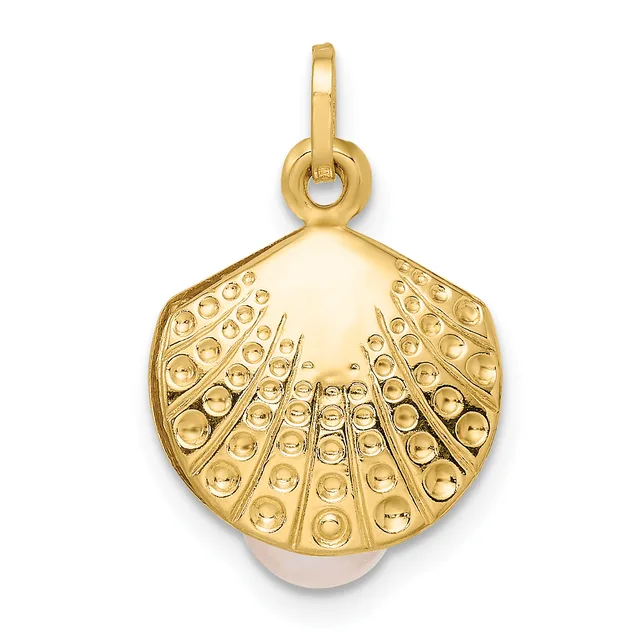 Gold shell-shaped pendant with textured radiating lines and circular dotted details, suspended from a bail loop.