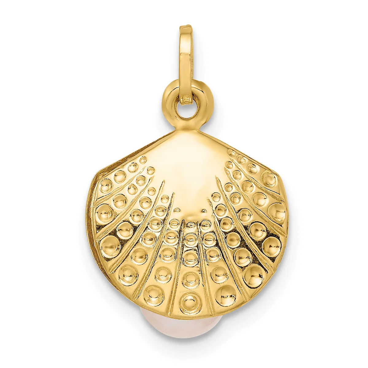 Gold shell-shaped pendant with textured radiating lines and circular dotted details, suspended from a bail loop.