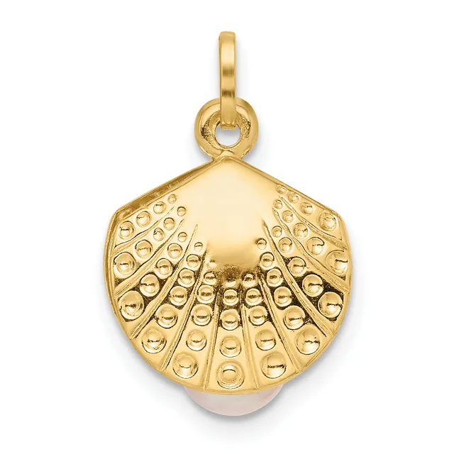 Gold scallop shell pendant with textured surface and small circular detailing, suspended from a loop bail.