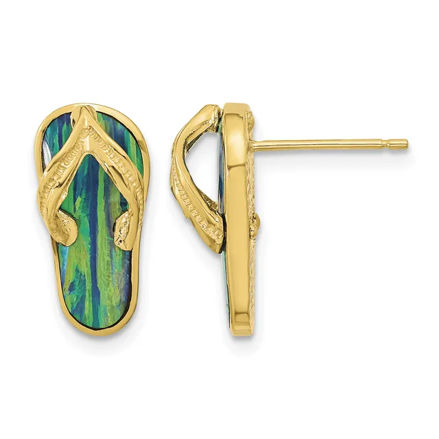 A pair of gold flip-flop earrings with iridescent blue and green enamel straps, shown from front and side views with posts and backs.