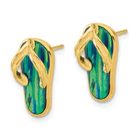 Pair of gold flip-flop shaped earrings with green and blue striped enamel soles and textured gold straps, shown from the front.
