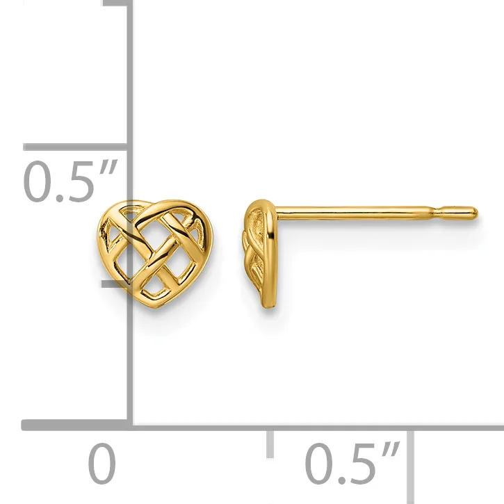 A pair of gold heart-shaped stud earrings with a woven crosshatch pattern, shown front and side view with a measurement scale indicating they are approximately 0.5 inches.