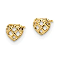 A pair of gold heart-shaped stud earrings with interlocking woven lattice pattern design, shown from the front against a white background.
