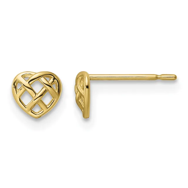 A pair of gold stud earrings with woven lattice heart-shaped designs, shown from front and side views.
