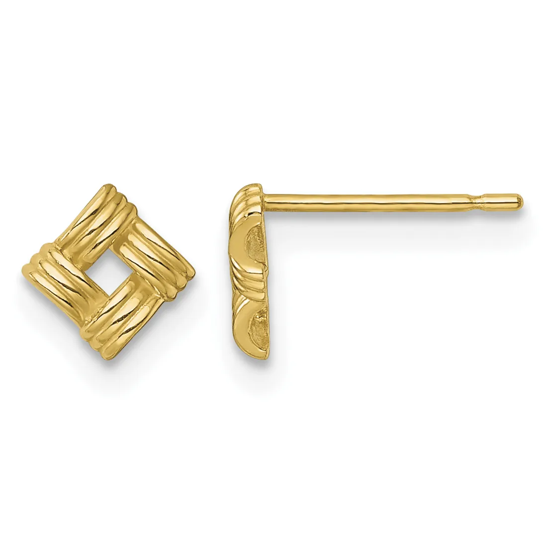 Pair of gold stud earrings with textured square designs, shown from front and side views.