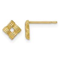 Pair of gold stud earrings with textured square designs, shown from front and side views.