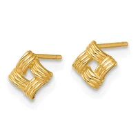 Pair of gold stud earrings with textured square faces featuring parallel ridged bands, shown from front and angled views.