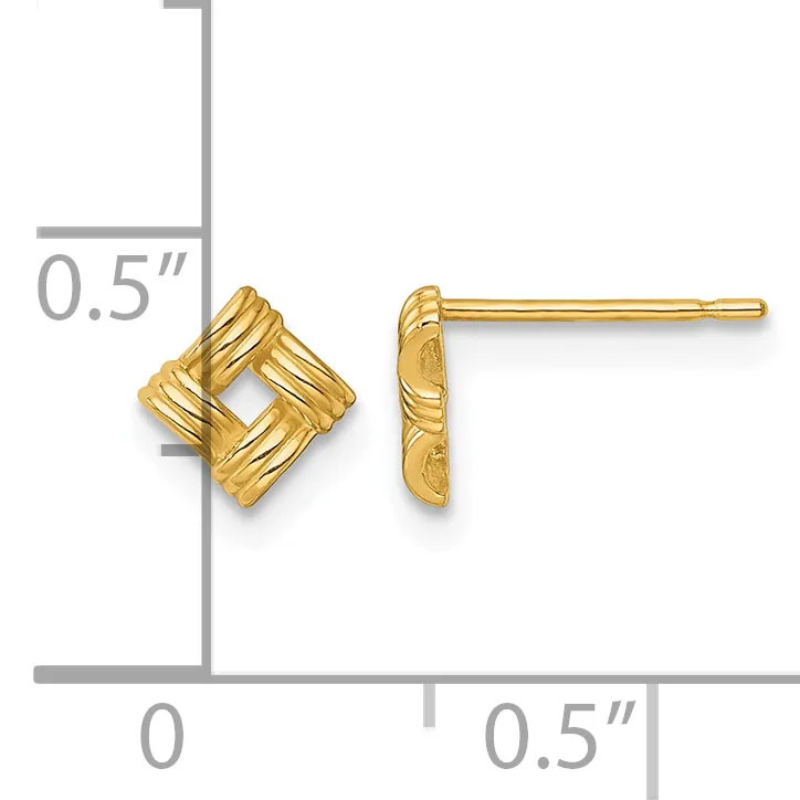 Gold-colored textured square stud earrings displayed with a measurement ruler showing approximately 0.5 inches in size.