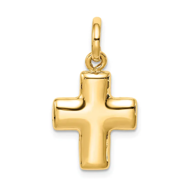 A polished gold cross pendant with rounded edges and a small bail loop at the top, displayed against a white background.