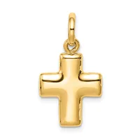 A polished gold cross pendant with rounded edges and a small bail loop at the top, displayed against a white background.