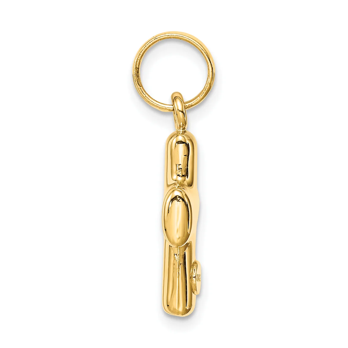A gold-toned metal keychain with a round ring at the top and an elongated rectangular pendant hanging below, featuring a polished finish and small hallmark.