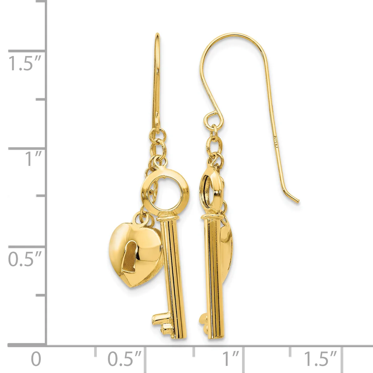 Gold-toned heart and key charm earrings on French wire hooks, displayed against a measurement scale showing approximately 1.5 inches in length.