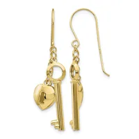 Pair of gold-toned drop earrings with French wire hooks, each featuring a small heart locket and an ornate key charm suspended from chain links.