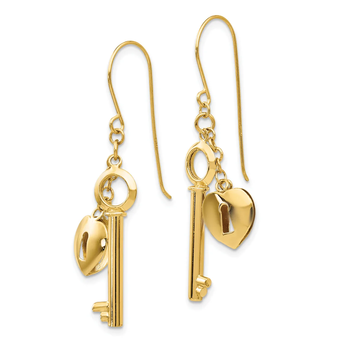A pair of gold-toned dangling earrings with fish hook wires, each featuring a decorative key charm and a small heart charm.