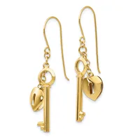 A pair of gold-toned dangling earrings with fish hook wires, each featuring a decorative key charm and a small heart charm.