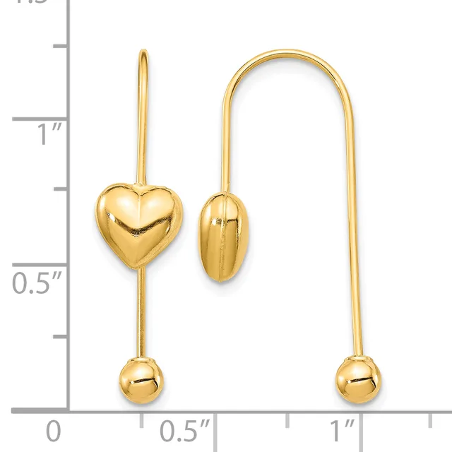 Two gold threader earrings displayed against a measurement scale, each featuring a thin wire with a decorative element at one end and a small ball weight at the other.