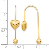 Two gold threader earrings displayed against a measurement scale, each featuring a thin wire with a decorative element at one end and a small ball weight at the other.