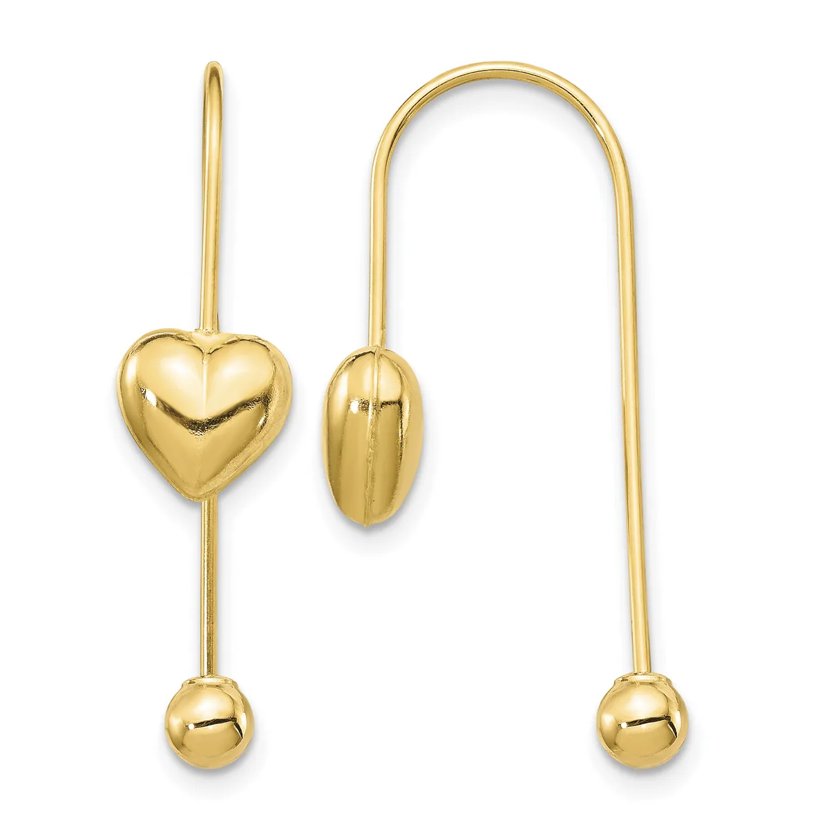 Two gold threader earrings displayed side by side, each featuring a thin wire with a dangling sphere at the bottom and a decorative charm at the top, one heart-shaped and one oval-shaped.