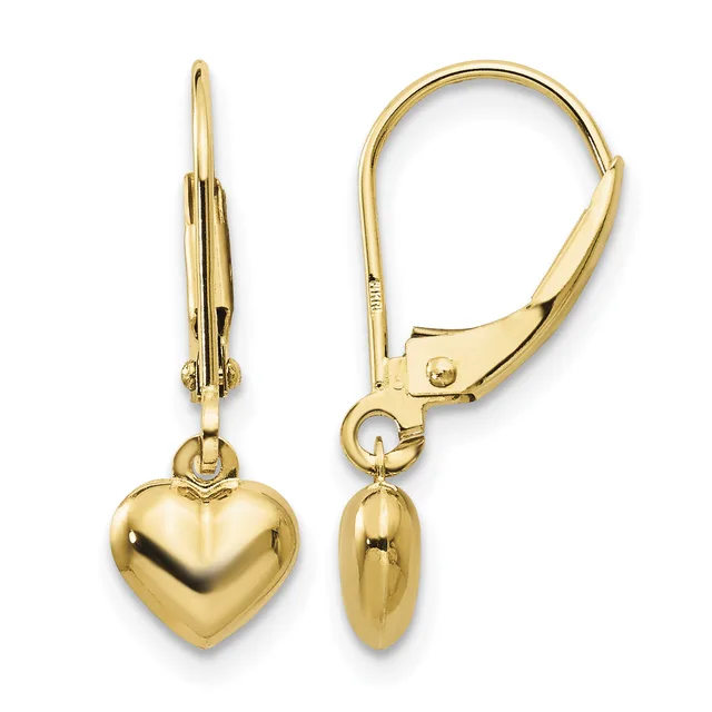 A pair of gold heart-shaped dangle earrings with leverback closures, shown from front and side views.