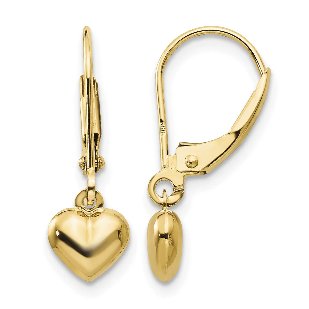 A pair of gold heart-shaped dangle earrings with leverback closures, shown from front and side views.