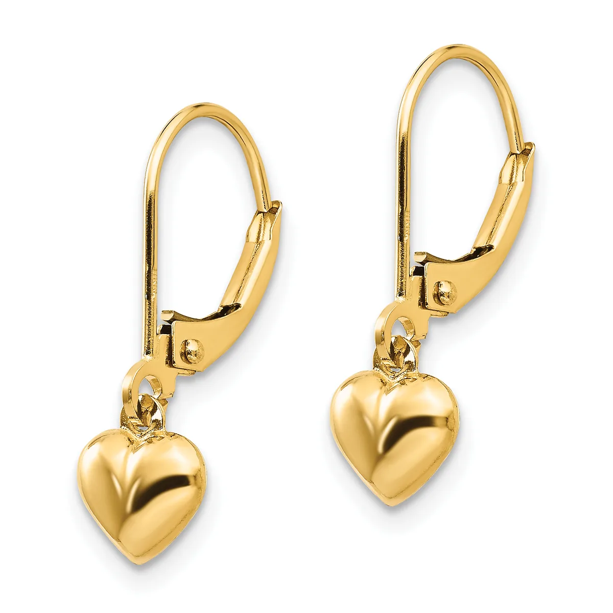 A pair of gold lever-back earrings with puffy heart-shaped charms hanging from decorative loops.
