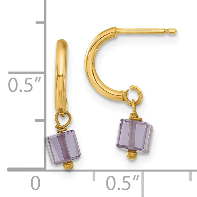 Gold-toned hoop earrings with purple square crystal drops, displayed next to a measurement scale showing approximately 0.5 inches in length.