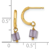 Gold-toned hoop earrings with purple square crystal drops, displayed next to a measurement scale showing approximately 0.5 inches in length.