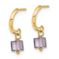 Pair of gold hoop earrings with purple faceted square gemstone drops and small gold bead accents, shown from the front.
