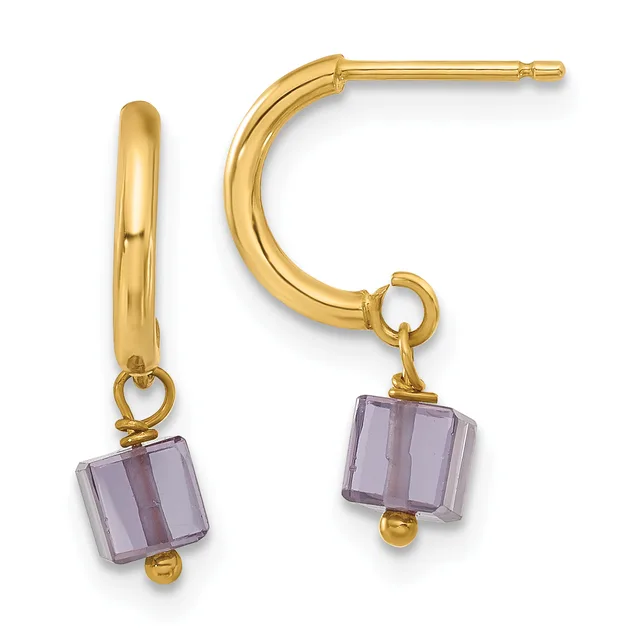 A pair of gold hoop earrings with purple square gemstone pendants and small gold beads attached below each stone.