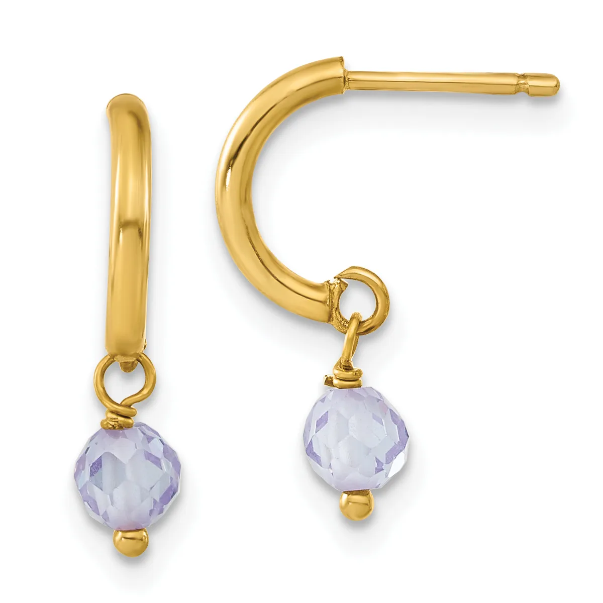 Pair of gold hoop earrings with faceted lavender gemstone drops and small gold beads, shown from the front and side.