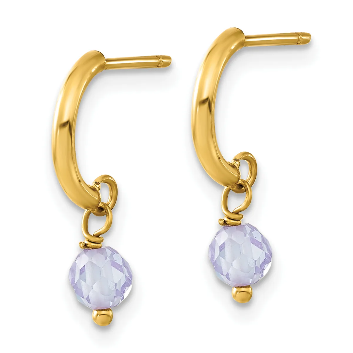 A pair of gold hoop earrings with faceted lavender gemstone drops hanging from small loops at the bottom.