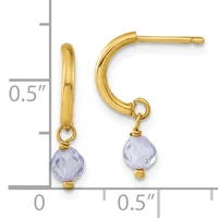 Gold hoop earrings with faceted lavender gemstone drops, shown against a measurement scale indicating approximately half an inch in length.