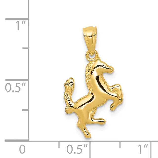 A gold horse pendant shown at actual size next to a measurement scale, featuring a rearing horse with detailed mane and tail, suspended from a bail loop.