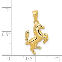 A gold horse pendant shown at actual size next to a measurement scale, featuring a rearing horse with detailed mane and tail, suspended from a bail loop.