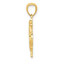 A gold pendant charm with a loop bail at the top, featuring a detailed carved or embossed design along its elongated body, shown against a white background.