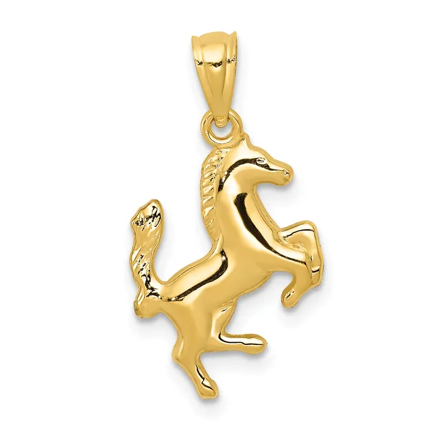Gold pendant depicting a rearing horse with detailed mane and tail, shown against a white background.