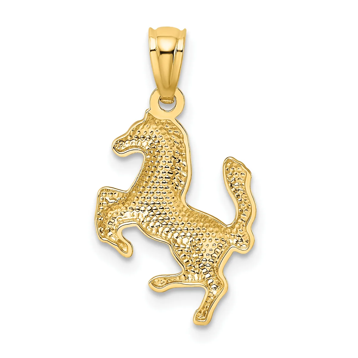A gold prancing horse pendant with textured surface and a bail loop at the top, shown against a white background.