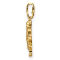Gold-toned rectangular pendant with textured surface and decorative details, suspended from a gold-toned oval loop clasp.