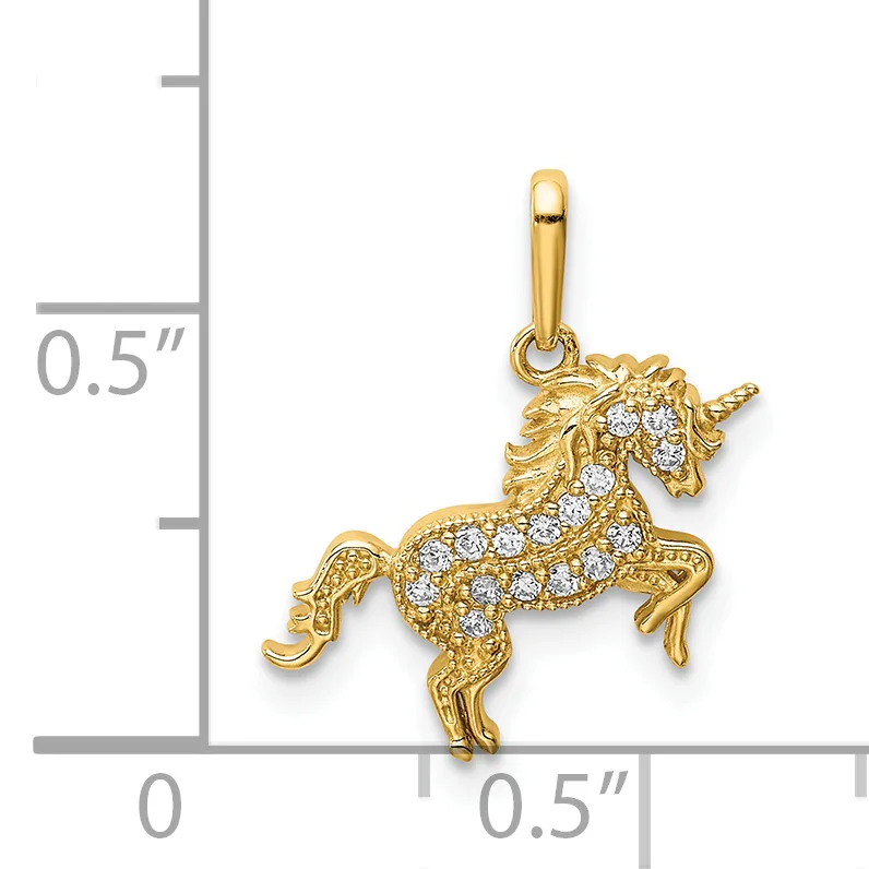 Gold unicorn pendant with cubic zirconia stones on body and mane, shown next to a ruler indicating approximately 0.5 inches in height.