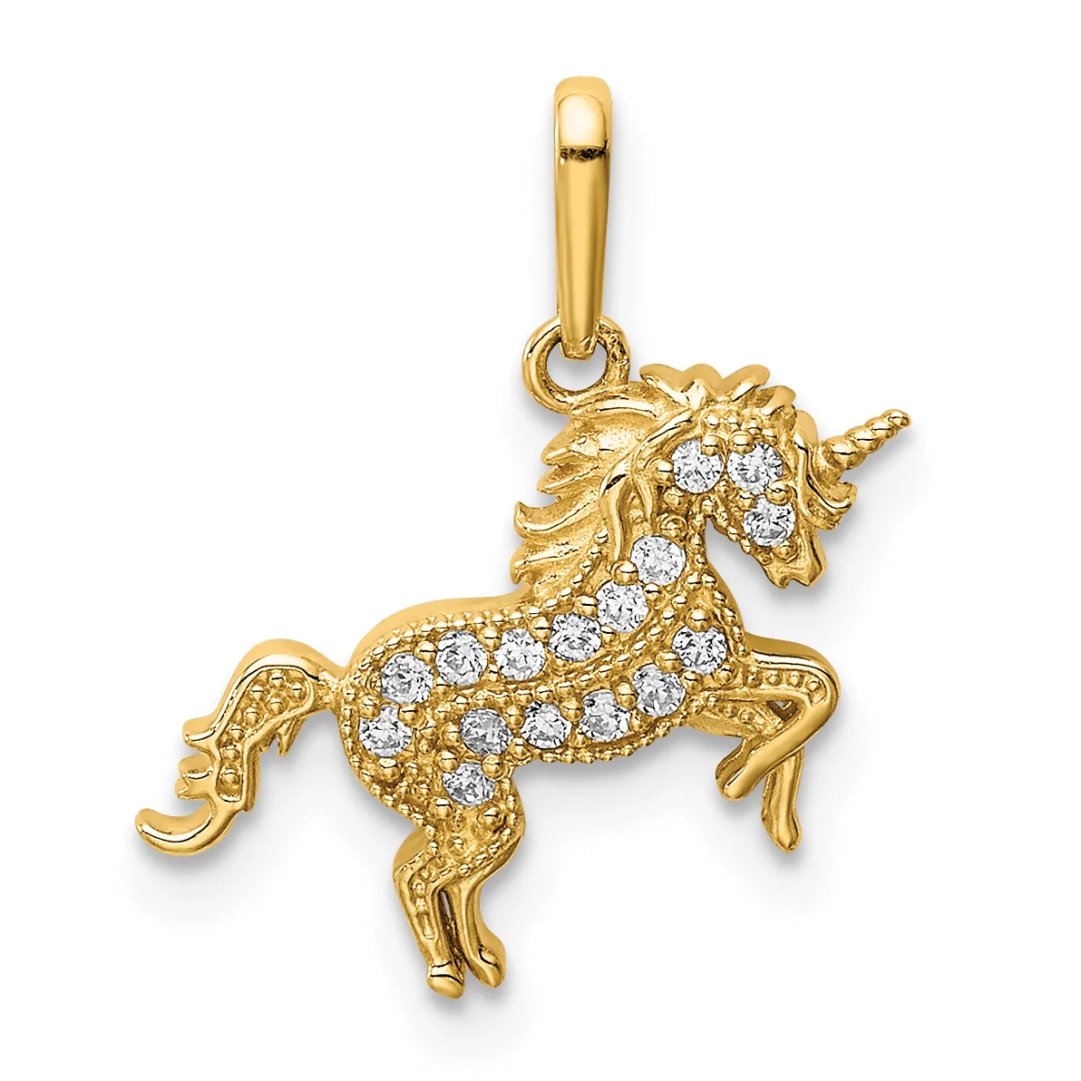 Gold unicorn pendant with cubic zirconia stones arranged along the body, featuring detailed mane and tail, suspended from a bale loop.