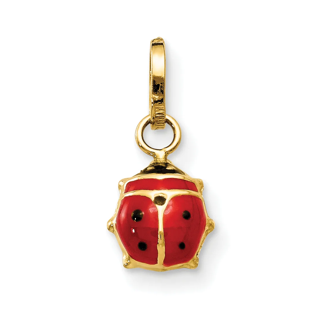 A gold-toned ladybug charm pendant with red enamel wings, black enamel spots, and a small ring attachment at the top.