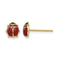 A pair of gold ladybug stud earrings with red enamel wings, black enamel heads, and small black spots on the wings, shown from front and side views.