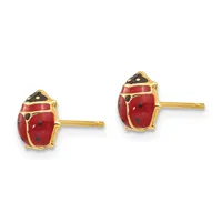 A pair of gold-toned stud earrings shaped like red ladybugs with black spots and black head details, shown from the front against a white background.