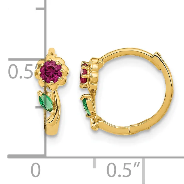 Gold hoop earrings with pink tourmaline flower tops and green tourmaline accents, shown with a measurement scale.