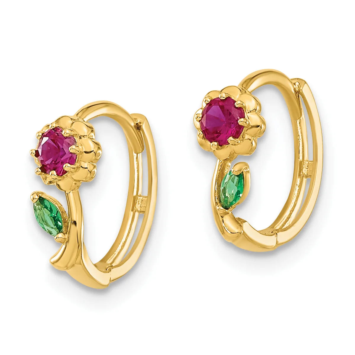Pair of gold hoop earrings with oval ruby stones set in decorative flower-shaped settings and small marquise-cut green gemstones.